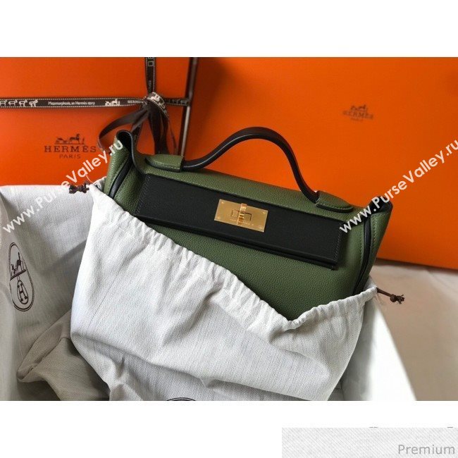 Hermes Kelly 24/24 - 29 Bag in Togo Leather Green/Black/Gold 2018 (Half Handmade) (FLB-9040118)