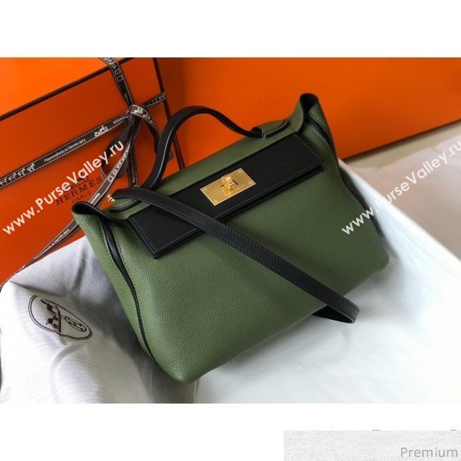 Hermes Kelly 24/24 - 29 Bag in Togo Leather Green/Black/Gold 2018 (Half Handmade) (FLB-9040118)