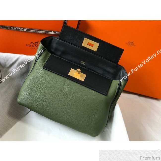 Hermes Kelly 24/24 - 29 Bag in Togo Leather Green/Black/Gold 2018 (Half Handmade) (FLB-9040118)