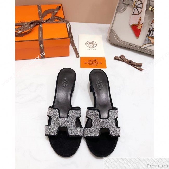 Hermes Oasis Crystal H Mid-Heel Slide Sandals Black/Crystal (4037-9031151)