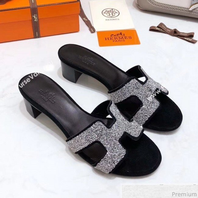Hermes Oasis Crystal H Mid-Heel Slide Sandals Black/Crystal (4037-9031151)