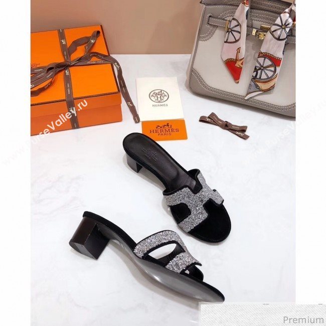 Hermes Oasis Crystal H Mid-Heel Slide Sandals Black/Crystal (4037-9031151)