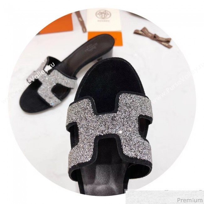 Hermes Oasis Crystal H Mid-Heel Slide Sandals Black/Crystal (4037-9031151)