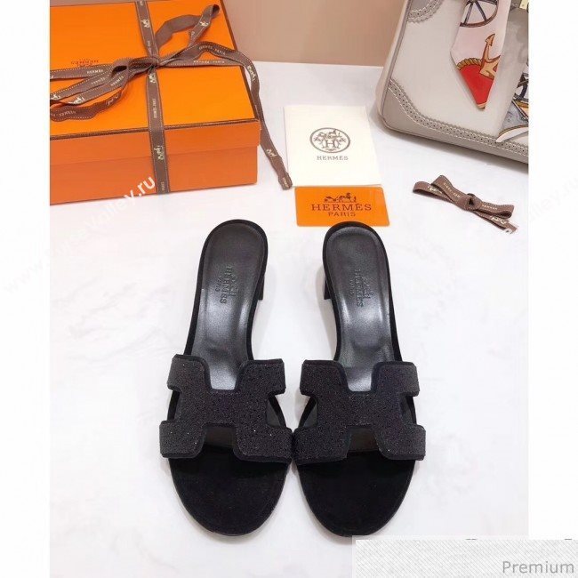 Hermes Oasis Crystal H Mid-Heel Slide Sandals Black (4037-9031152)