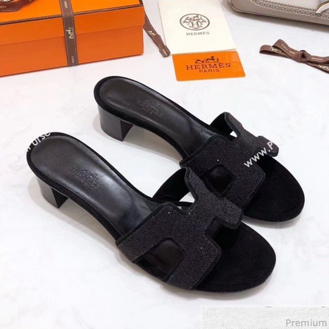 Hermes Oasis Crystal H Mid-Heel Slide Sandals Black (4037-9031152)