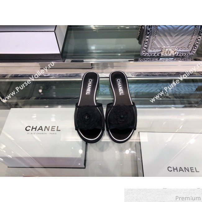 Chanel Camellia Mesh Flat Sandals G34542 Black 2019 (XO-9040446)