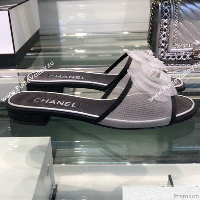 Chanel Camellia Mesh Flat Sandals G34542 Gray 2019 (XO-9040447)