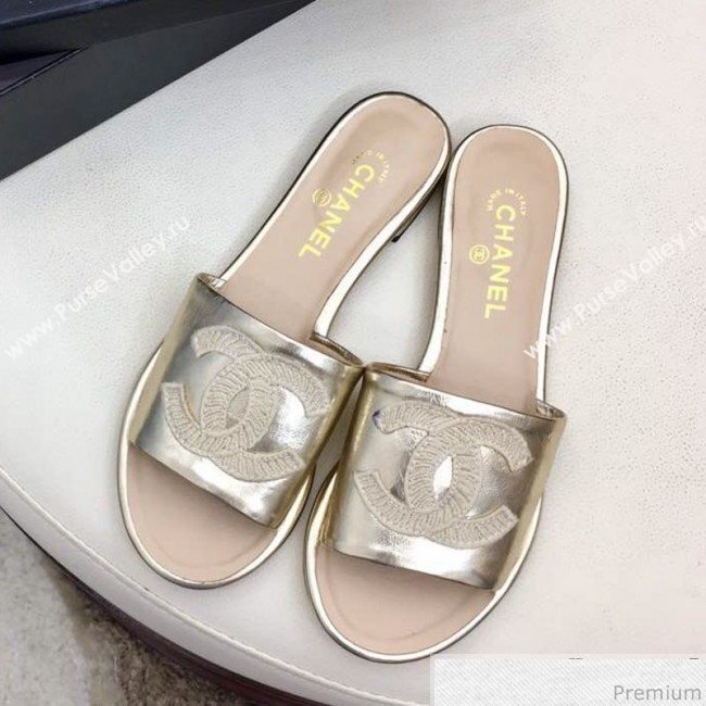 Chanel Flat Mules Sandals G34682 Light Gold 2019 (HZJ-9040823)