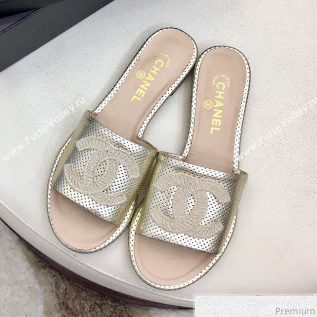 Chanel Perforated Flat Mules Sandals G34682 Light Gold 2019 (HZJ-9040825)