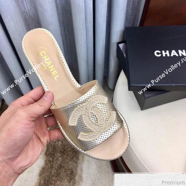 Chanel Perforated Flat Mules Sandals G34682 Light Gold 2019 (HZJ-9040825)