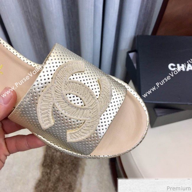 Chanel Perforated Flat Mules Sandals G34682 Light Gold 2019 (HZJ-9040825)