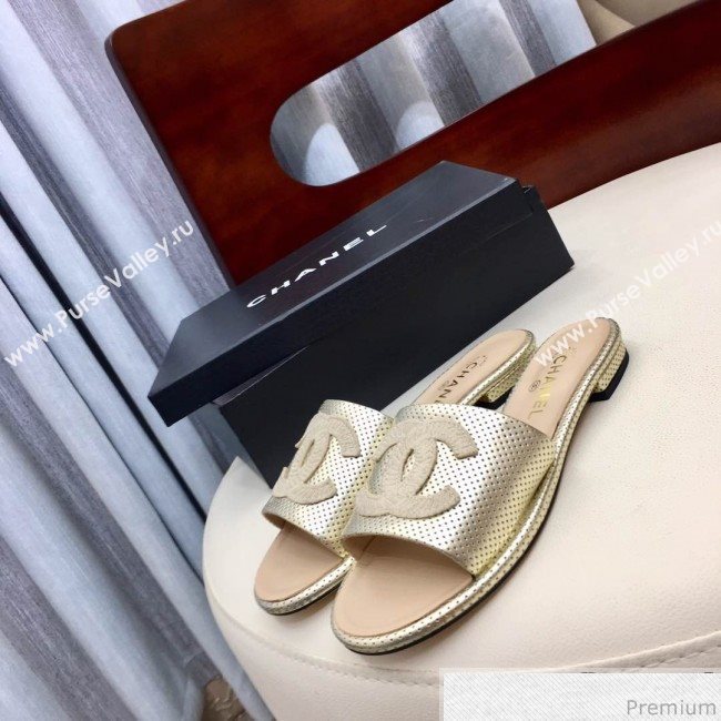 Chanel Perforated Flat Mules Sandals G34682 Light Gold 2019 (HZJ-9040825)
