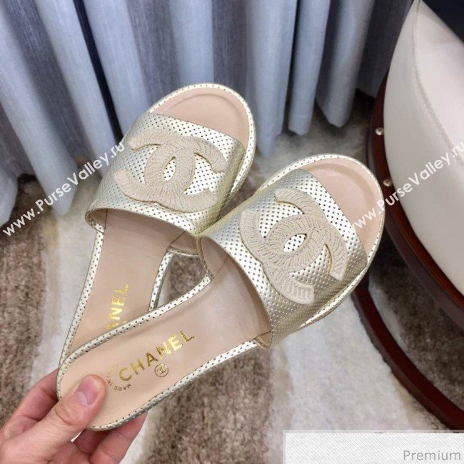 Chanel Perforated Flat Mules Sandals G34682 Light Gold 2019 (HZJ-9040825)