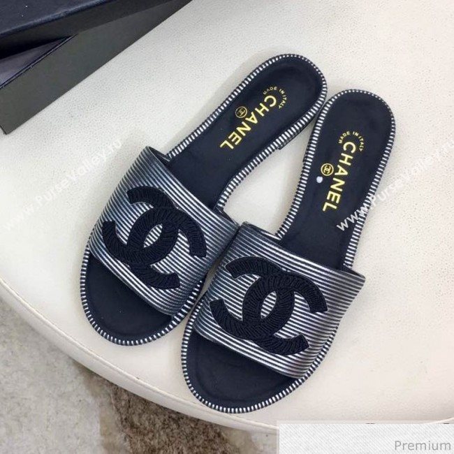 Chanel Flat Mules Sandals G34682 Silver/Black 2019 (HZJ-9040826)