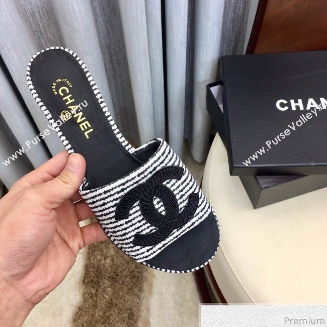 Chanel Fabric Flat Mules Sandals G34682 Black/White 2019 (HZJ-9040827)