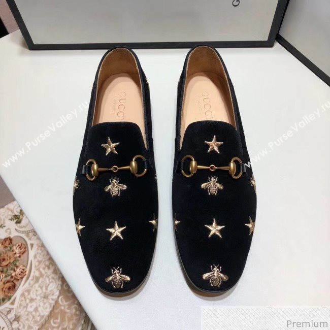 Gucci Mens Jordaan Bee Velvet Horsebit Loafer Black/Gold (SHN-9032645)