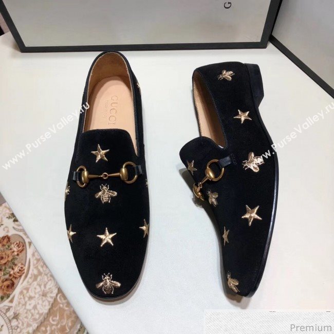 Gucci Mens Jordaan Bee Velvet Horsebit Loafer Black/Gold (SHN-9032645)