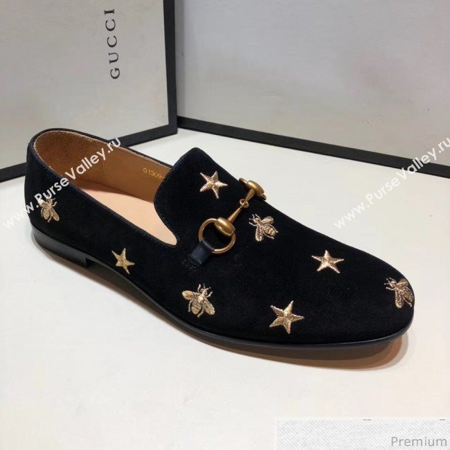 Gucci Mens Jordaan Bee Velvet Horsebit Loafer Black/Gold (SHN-9032645)