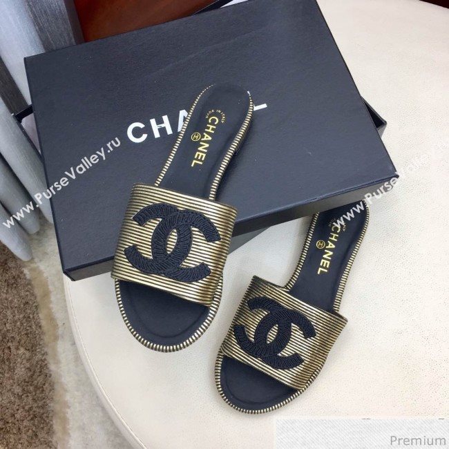 Chanel Flat Mules Sandals G34682 Gold/Black 2019 (HZJ-9040828)