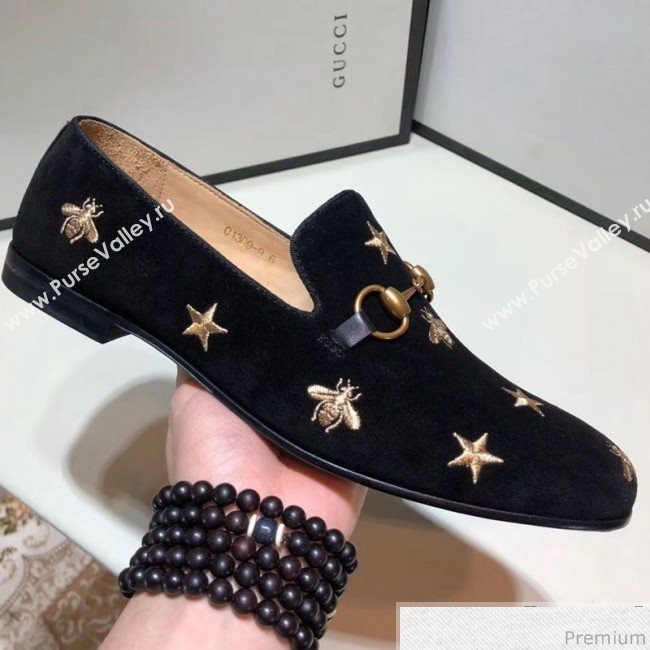 Gucci Mens Jordaan Bee Velvet Horsebit Loafer Black/Gold (SHN-9032645)