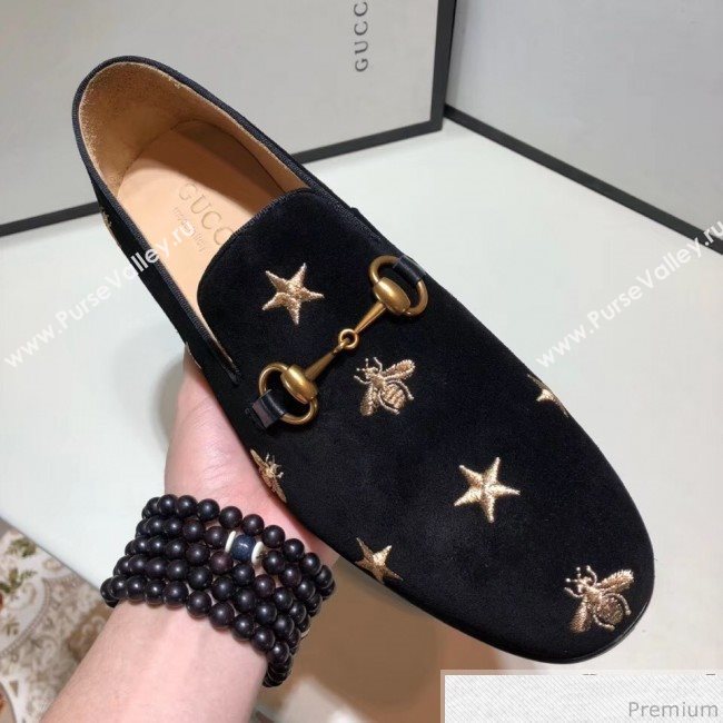 Gucci Mens Jordaan Bee Velvet Horsebit Loafer Black/Gold (SHN-9032645)