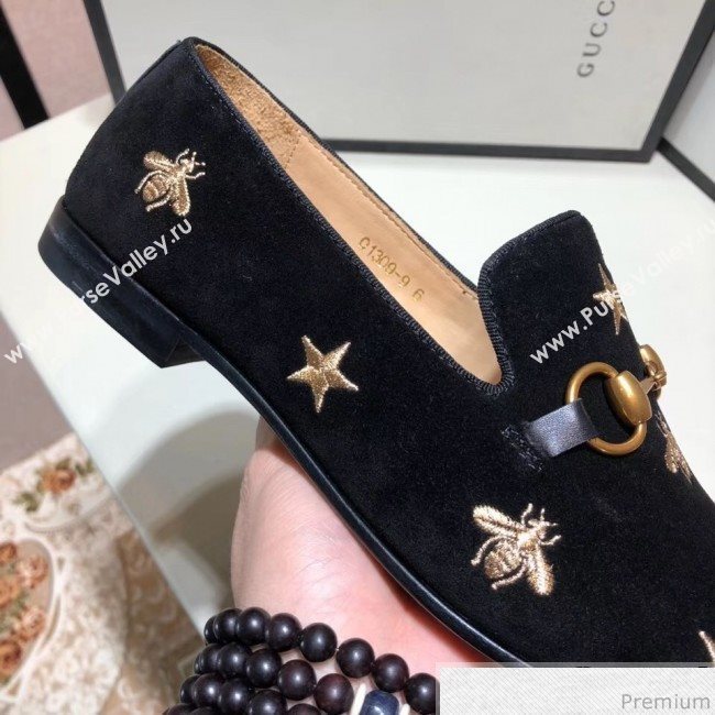 Gucci Mens Jordaan Bee Velvet Horsebit Loafer Black/Gold (SHN-9032645)
