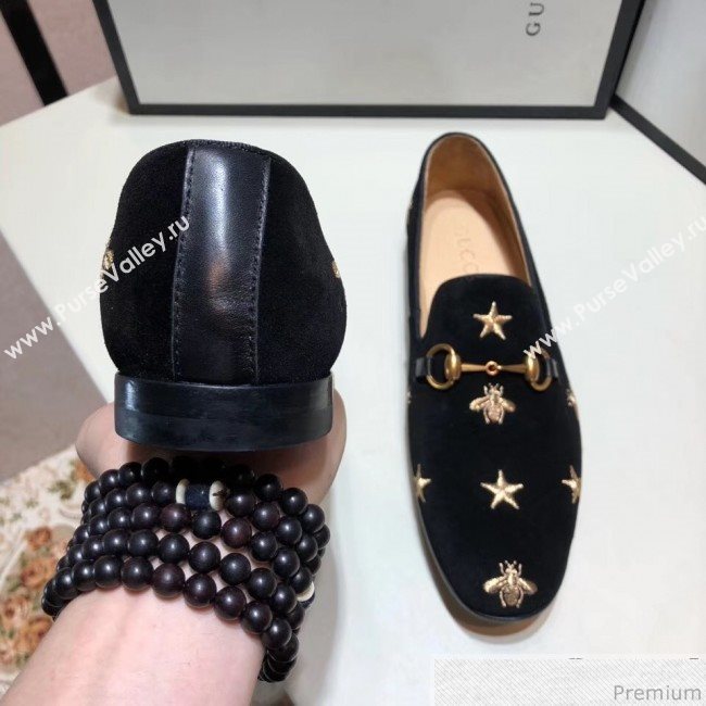 Gucci Mens Jordaan Bee Velvet Horsebit Loafer Black/Gold (SHN-9032645)