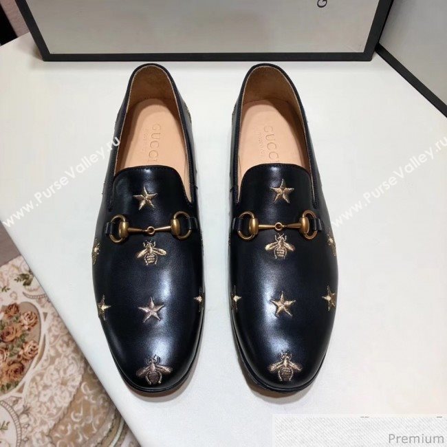 Gucci Mens Jordaan Bee Calfskin Leather Horsebit Loafer Black/Gold (SHN-9032647)