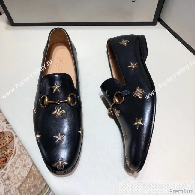 Gucci Mens Jordaan Bee Calfskin Leather Horsebit Loafer Black/Gold (SHN-9032647)