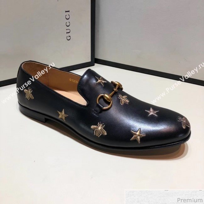 Gucci Mens Jordaan Bee Calfskin Leather Horsebit Loafer Black/Gold (SHN-9032647)