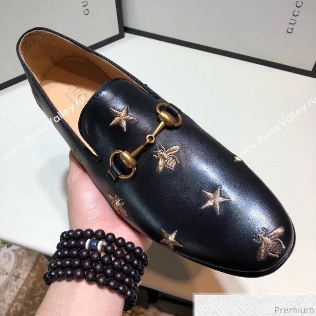 Gucci Mens Jordaan Bee Calfskin Leather Horsebit Loafer Black/Gold (SHN-9032647)