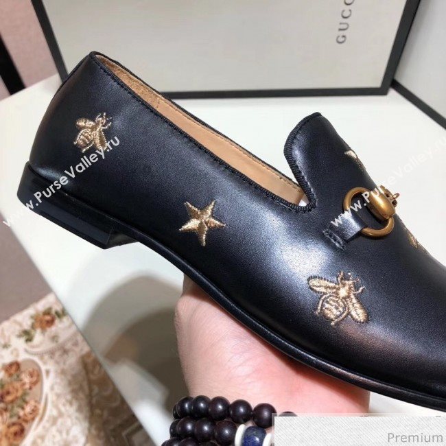 Gucci Mens Jordaan Bee Calfskin Leather Horsebit Loafer Black/Gold (SHN-9032647)