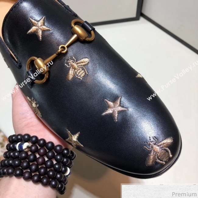 Gucci Mens Jordaan Bee Calfskin Leather Horsebit Loafer Black/Gold (SHN-9032647)