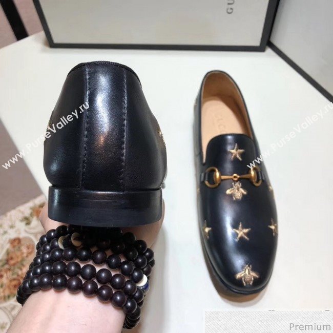 Gucci Mens Jordaan Bee Calfskin Leather Horsebit Loafer Black/Gold (SHN-9032647)