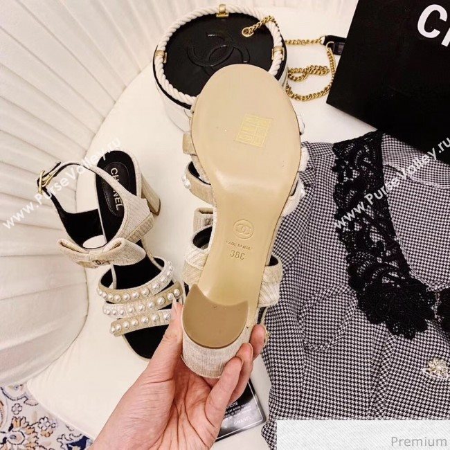Chanel Suede Bow Pearls Heel Sandals Light Apricot 2019 (ALZ-9040835)