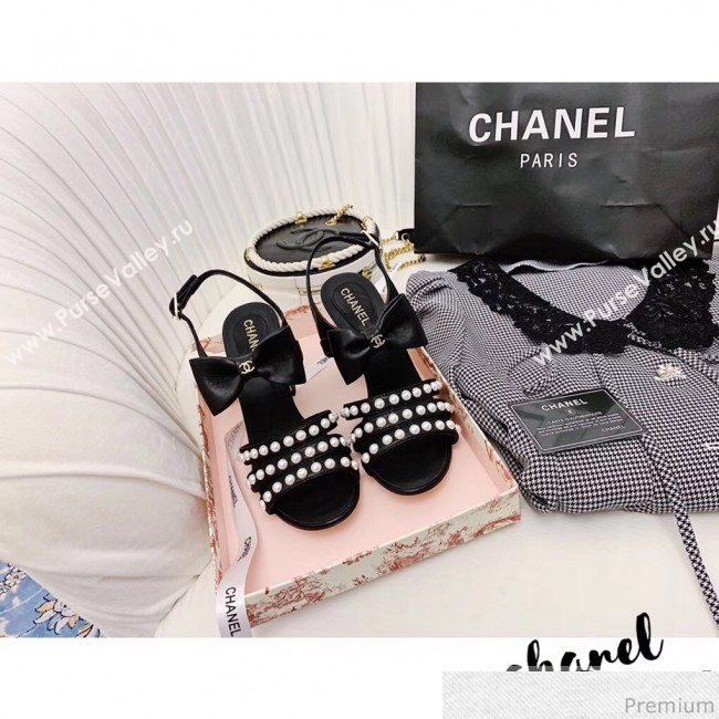 Chanel Leather Bow Pearls Heel Sandals Black 2019 (ALZ-9040836)