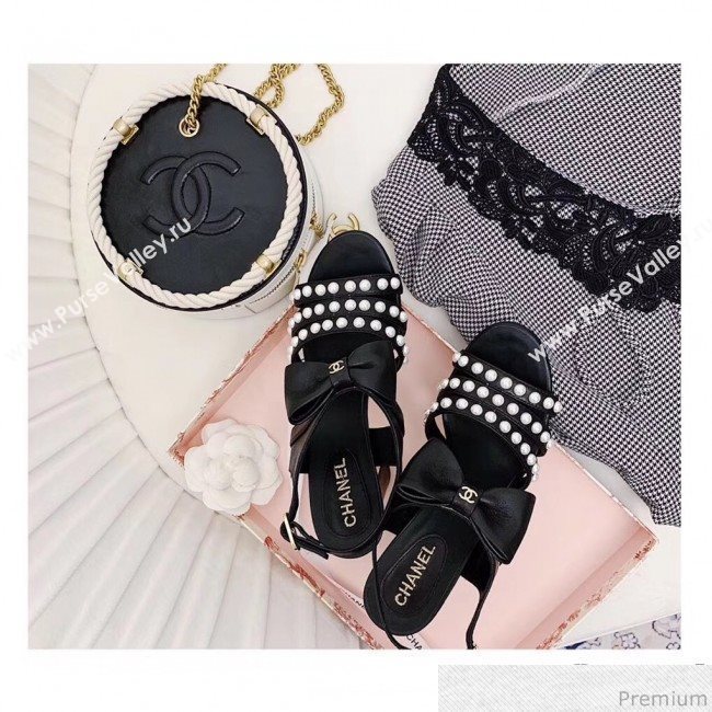 Chanel Leather Bow Pearls Heel Sandals Black 2019 (ALZ-9040836)