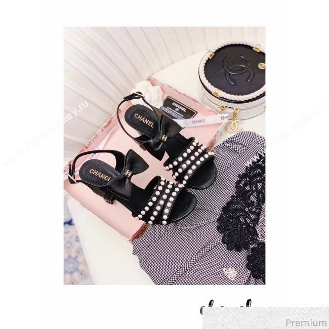 Chanel Leather Bow Pearls Heel Sandals Black 2019 (ALZ-9040836)