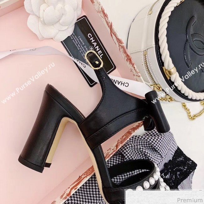 Chanel Leather Bow Pearls Heel Sandals Black 2019 (ALZ-9040836)