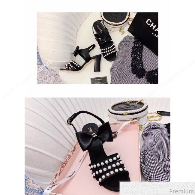 Chanel Leather Bow Pearls Heel Sandals Black 2019 (ALZ-9040836)