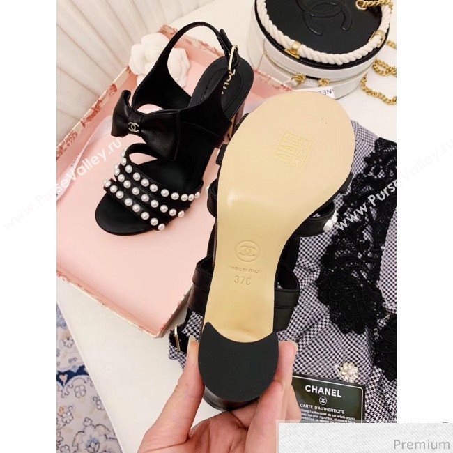 Chanel Leather Bow Pearls Heel Sandals Black 2019 (ALZ-9040836)