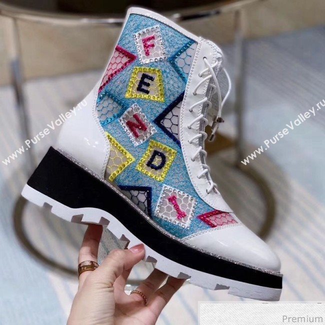 Fendi Flat Crystal Mesh and Patent Leather Boots White 2019 (QIXI-9040850)