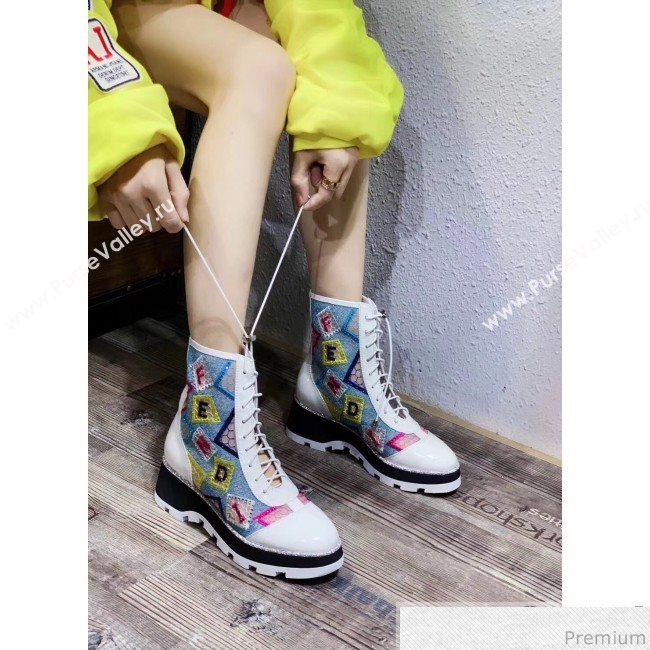 Fendi Flat Crystal Mesh and Patent Leather Boots White 2019 (QIXI-9040850)