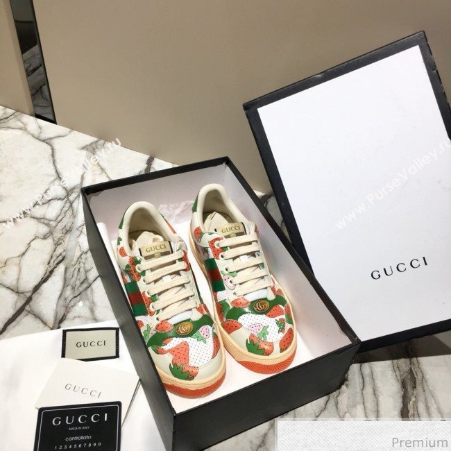 Gucci Screener Sneaker with Gucci Strawberry Print White/Orange 2019 (DLY-9040855)