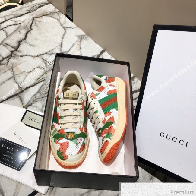 Gucci Screener Sneaker with Gucci Strawberry Print White/Orange 2019 (DLY-9040855)