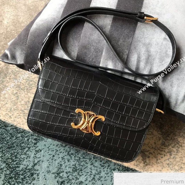 Celine Medium Rriomphe Bag in Crocodile Leather Black 2019 (XID-9040402)