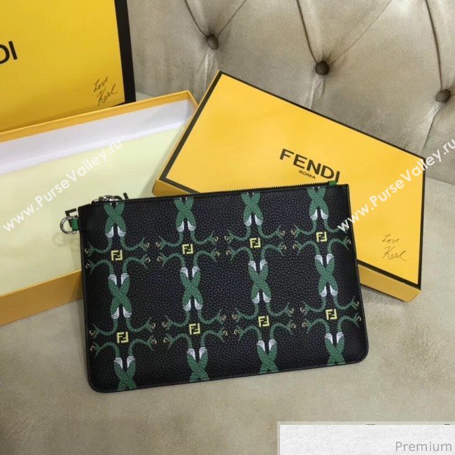 Fendi Roma Calfskin Print Clutch Green/Black 2019 (AFEI-9040408)