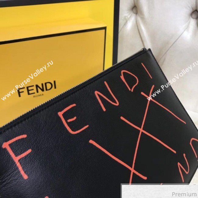 Fendi Roma Calfskin Lettering Clutch Black/Orange 2019 (AFEI-9040410)