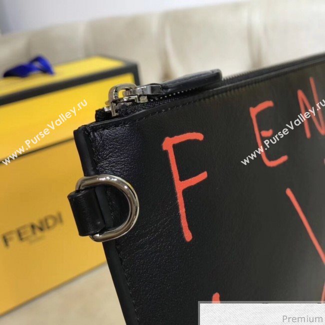 Fendi Roma Calfskin Lettering Clutch Black/Orange 2019 (AFEI-9040410)