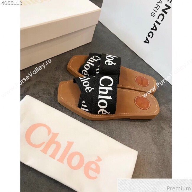 Chloe Logo Band Cross Flat Slide Sandals Black 2019 (EM-9040430)